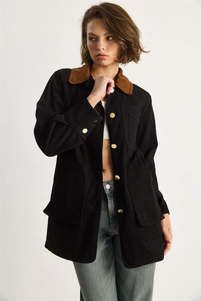 Kadın Süet Kontrast Yaka Cep Detaylı Garnili Gabardin Ceket 2767 60281112 - Siyah