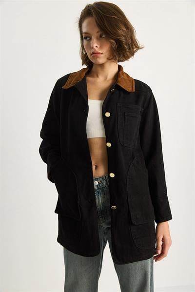 Kadın Süet Kontrast Yaka Cep Detaylı Garnili Gabardin Ceket 2767 60281112 - Siyah