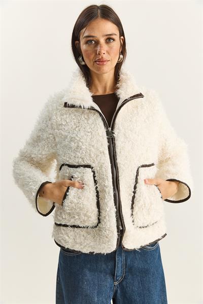 Kadın Suni Deri Garni Detaylı Astarlı Kısa Kıvırcık Ceket 2841 60281131 - Ekru