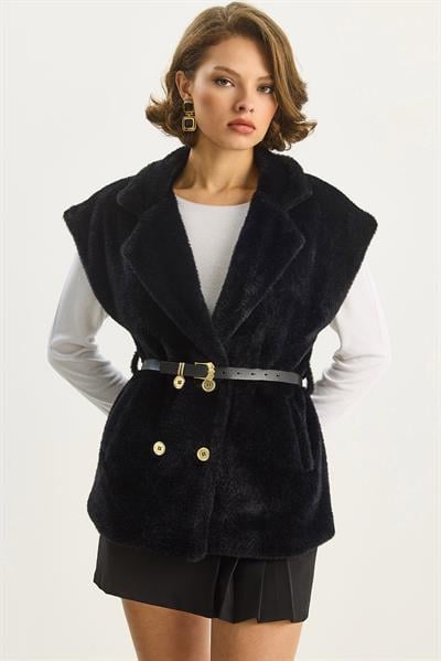Kadın Suni Kürk Dokulu Kemerli Cep Detaylı Astarlı Yelek 11162 60283598 - Siyah YELEK modelleri