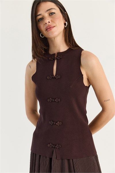 Kadın Süs Düğmeli Triko Peplum Top Bluz 2854 60286537 - Acı Kahve