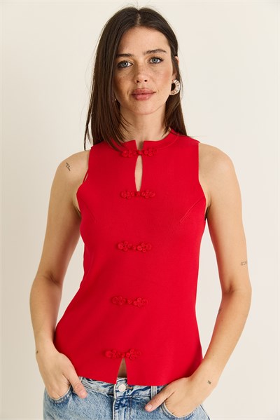 Kadın Süs Düğmeli Triko Peplum Top Bluz 2854 60286537 - Kırmızı
