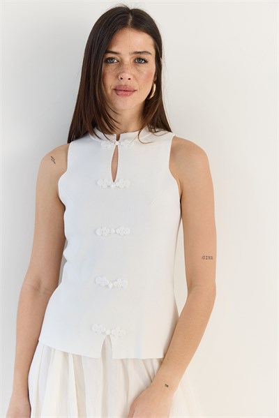 Kadın Süs Düğmeli Triko Peplum Top Bluz 2854 60286537 - Ekru