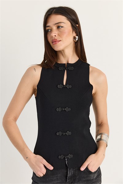 Kadın Süs Düğmeli Triko Peplum Top Bluz 2854 60286537 - Siyah