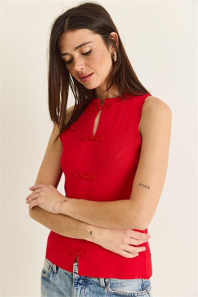 Kadın Süs Düğmeli Triko Peplum Top Bluz 2854 60286537 - Kırmızı