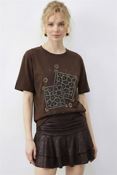 Kadın Taş Baskılı Leopar Desenli Bisiklet Yaka Regular Fit T-Shirt 2209 60283975 - Kahverengi