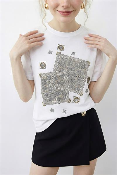 Kadın Taş Baskılı Leopar Desenli Bisiklet Yaka Regular Fit T-Shirt 2209 60283975 - Beyaz