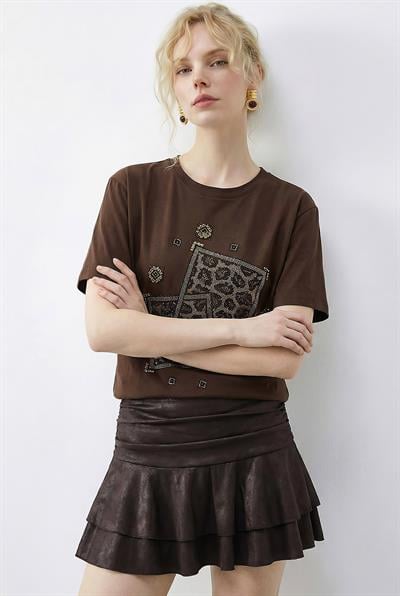 Kadın Taş Baskılı Leopar Desenli Bisiklet Yaka Regular Fit T-Shirt 2209 60283975 - Kahverengi