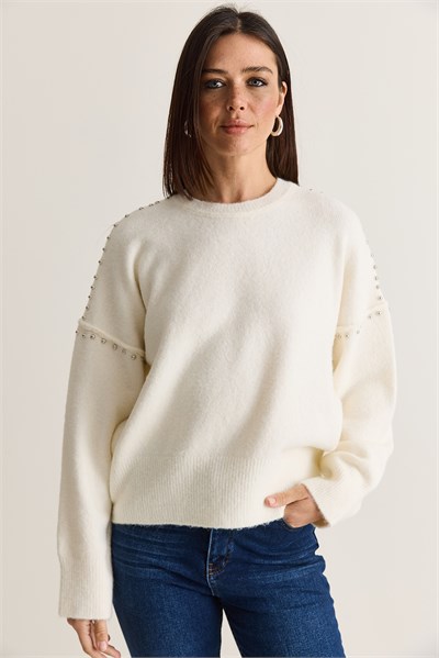 Kadın Taş Detaylı Bisiklet Yaka Yumuşak Dokulu Oversize Triko Kazak 2866 60286658 - Ekru