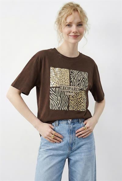 Kadın Taş Detaylı Leopar Baskılı Bisiklet Yaka Rahat Kalıp T-Shirt 2200 60283970 - Acı Kahve