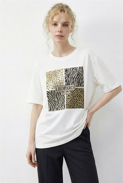 Kadın Taş Detaylı Leopar Baskılı Bisiklet Yaka Rahat Kalıp T-Shirt 2200 60283970 - Beyaz