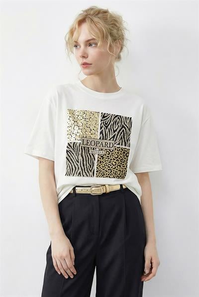 Kadın Taş Detaylı Leopar Baskılı Bisiklet Yaka Rahat Kalıp T-Shirt 2200 60283970 - Beyaz