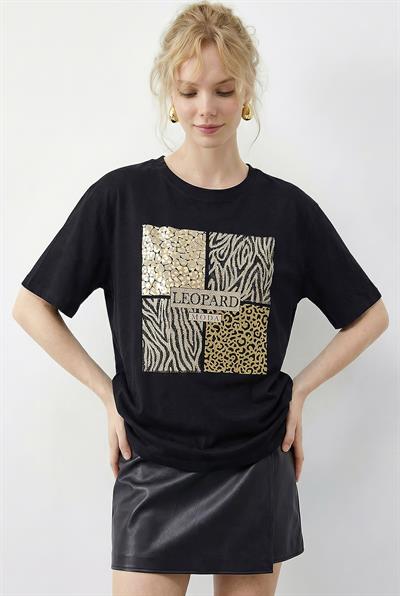 Kadın Taş Detaylı Leopar Baskılı Bisiklet Yaka Rahat Kalıp T-Shirt 2200 60283970 - Siyah