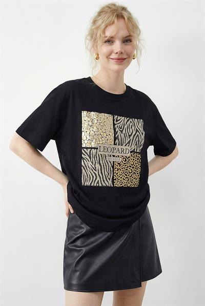 Kadın Taş Detaylı Leopar Baskılı Bisiklet Yaka Rahat Kalıp T-Shirt 2200 60283970 - Siyah