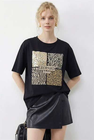 Kadın Taş Detaylı Leopar Baskılı Bisiklet Yaka Rahat Kalıp T-Shirt 2200 60283970 - Siyah