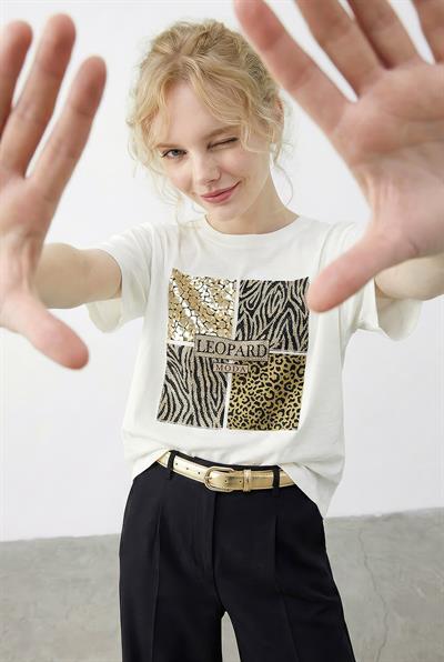 Kadın Taş Detaylı Leopar Baskılı Bisiklet Yaka Rahat Kalıp T-Shirt 2200 60283970 - Beyaz