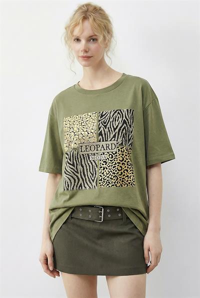 Kadın Taş Detaylı Leopar Baskılı Bisiklet Yaka Rahat Kalıp T-Shirt 2200 60283970 - Fıstık Yeşili