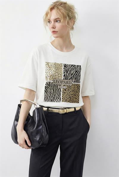 Kadın Taş Detaylı Leopar Baskılı Bisiklet Yaka Rahat Kalıp T-Shirt 2200 60283970 - Beyaz