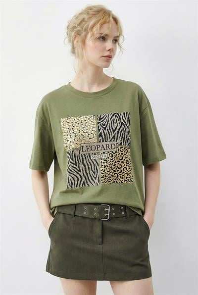 Kadın Taş Detaylı Leopar Baskılı Bisiklet Yaka Rahat Kalıp T-Shirt 2200 60283970 - Fıstık Yeşili
