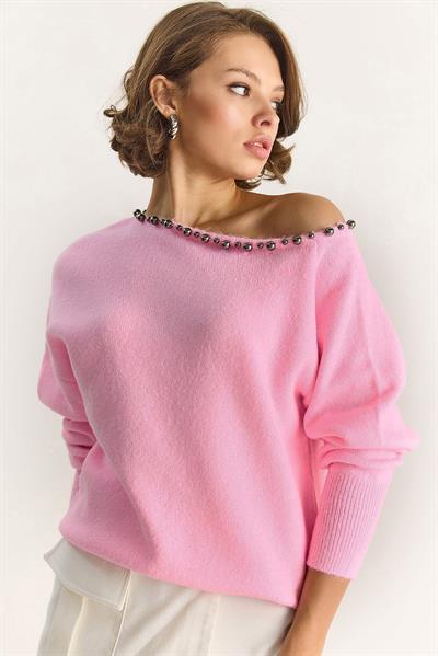 Kadın Taş İşleme Detaylı Tek Omuz Triko Kazak TK241283 60284090 - Pembe