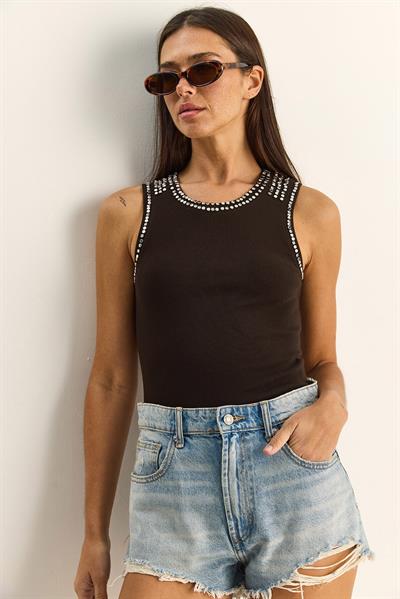 Kadın Taş İşlemeli Bisiklet Yaka Kalın Askılı Fitilli Bluz ÖA261006 60286171 - Acı Kahve