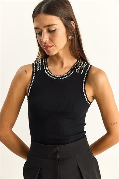 Kadın Taş İşlemeli Bisiklet Yaka Kalın Askılı Fitilli Bluz ÖA261006 60286171 - Siyah