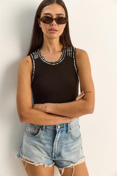 Kadın Taş İşlemeli Bisiklet Yaka Kalın Askılı Fitilli Bluz ÖA261006 60286171 - Acı Kahve