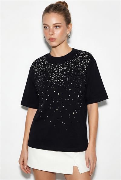 Kadın Taş İşlemeli Bisiklet Yaka Oversize Pamuklu T-Shirt ÖT261107 60286302 - Siyah