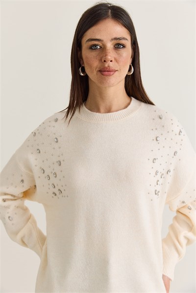Kadın Taş İşlemeli Bisiklet Yaka Oversize Triko Kazak TK261001 60286630 - Krem