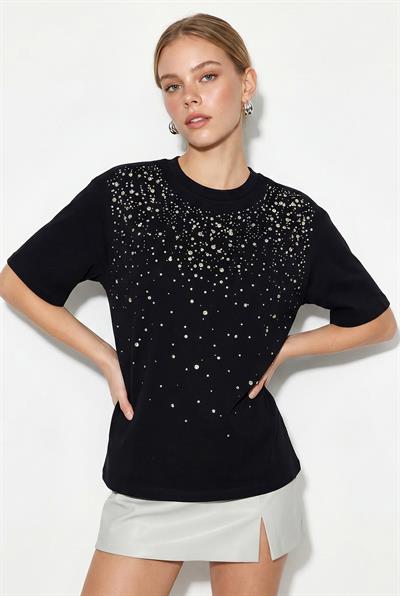 Kadın Taş İşlemeli Bisiklet Yaka Oversize Pamuklu T-Shirt ÖT261107 60286302 - Siyah