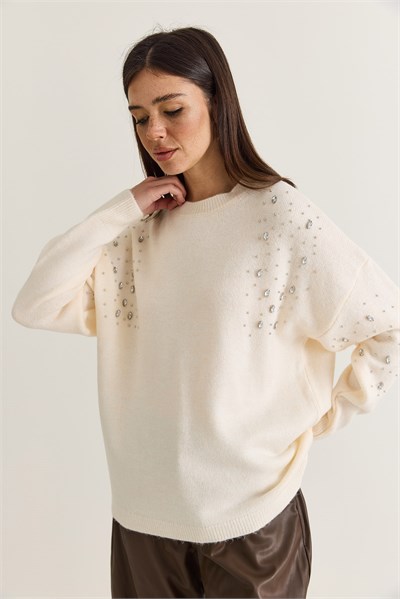 Kadın Taş İşlemeli Bisiklet Yaka Oversize Triko Kazak TK261001 60286630 - Krem