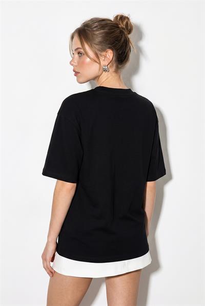 Kadın Taş İşlemeli Bisiklet Yaka Oversize Pamuklu T-Shirt ÖT261107 60286302 - Siyah
