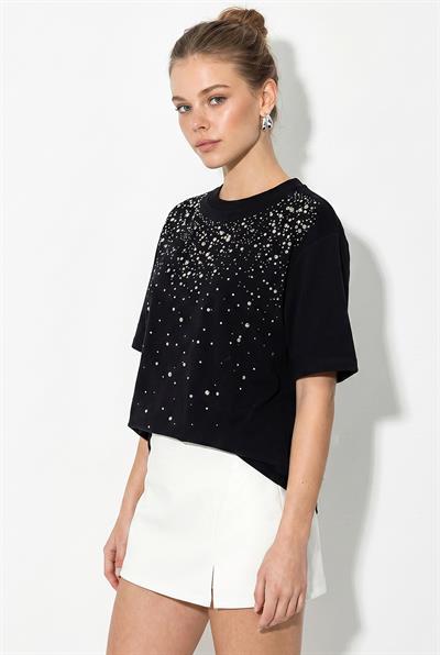 Kadın Taş İşlemeli Bisiklet Yaka Oversize Pamuklu T-Shirt ÖT261107 60286302 - Siyah