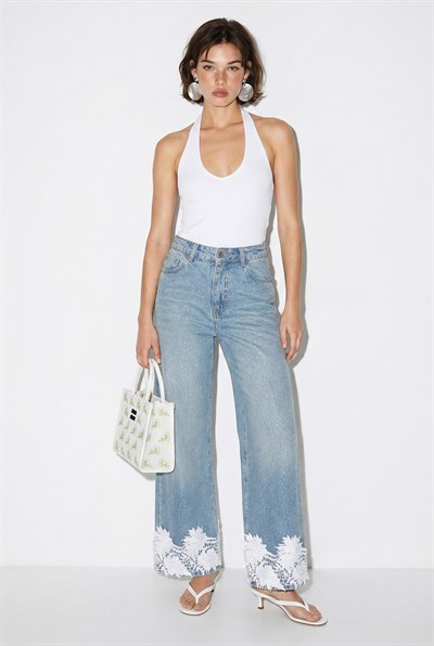 Kadın Taş İşlemeli Dantel Paça Wide Leg Denim Pantolon DP261032 60286416 - Mavi