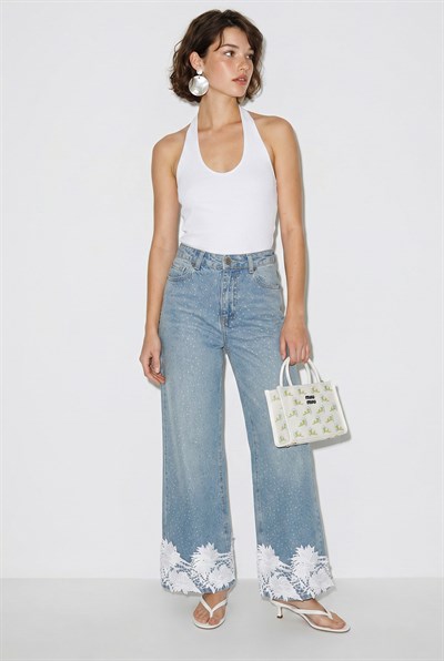 Kadın Taş İşlemeli Dantel Paça Wide Leg Denim Pantolon DP261032 60286416 - Mavi