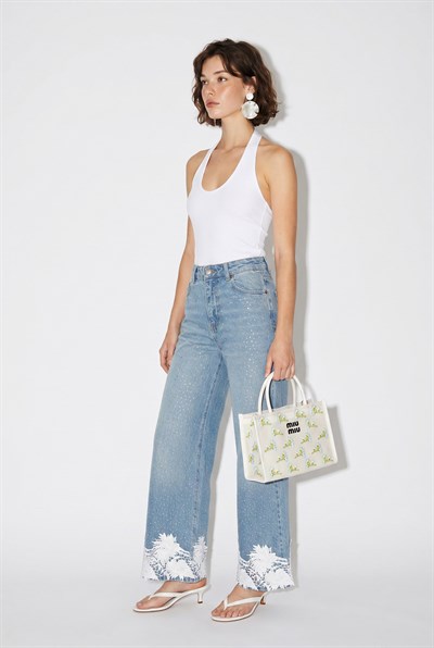 Kadın Taş İşlemeli Dantel Paça Wide Leg Denim Pantolon DP261032 60286416 - Mavi