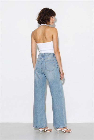 Kadın Taş İşlemeli Dantel Paça Wide Leg Denim Pantolon DP261032 60286416 - Mavi