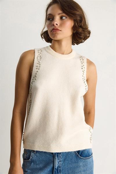 Kadın Taş İşlemeli Triko Bluz TA251003 60284094 - Ekru