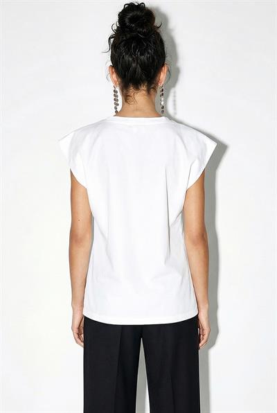 Kadın Taş İşlemeli Vatkalı Omuz Detaylı %100 Pamuk T-Shirt 1075 60286066 - Beyaz