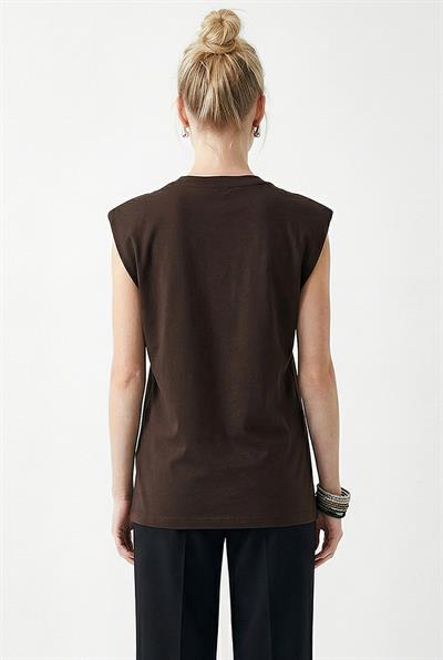 Kadın Taş İşlemeli Vatkalı Omuz Detaylı %100 Pamuk T-Shirt 1075 60286066 - Acı Kahve