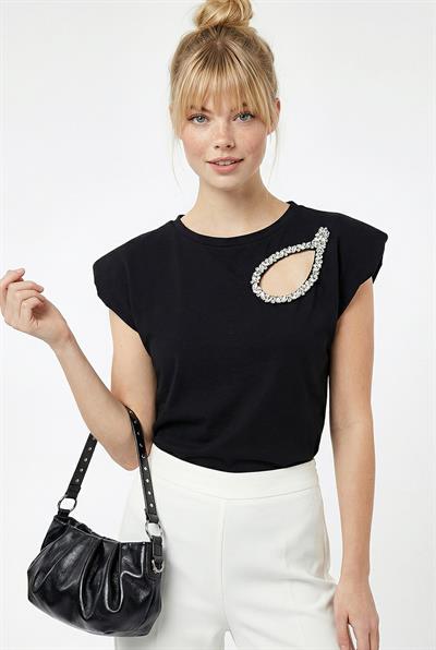 Kadın Taş İşlemeli Vatkalı Omuz Detaylı %100 Pamuk T-Shirt 1075 60286066 - Siyah