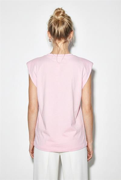 Kadın Taş İşlemeli Vatkalı Omuz Detaylı %100 Pamuk T-Shirt 1075 60286066 - Pembe