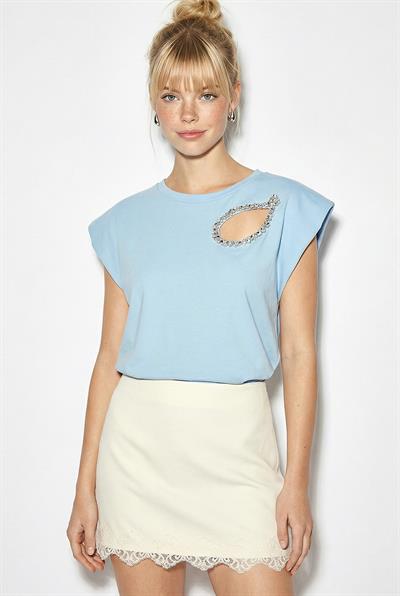 Kadın Taş İşlemeli Vatkalı Omuz Detaylı %100 Pamuk T-Shirt 1075 60286066 - Bebe Mavisi