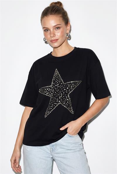 Kadın Taş İşlemeli Yıldız Detaylı %100 Pamuk Oversize T-Shirt ÖT100003 60286297 - Siyah