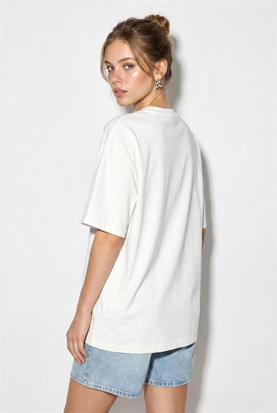 Kadın Taş İşlemeli Yıldız Detaylı %100 Pamuk Oversize T-Shirt ÖT100003 60286297 - Beyaz