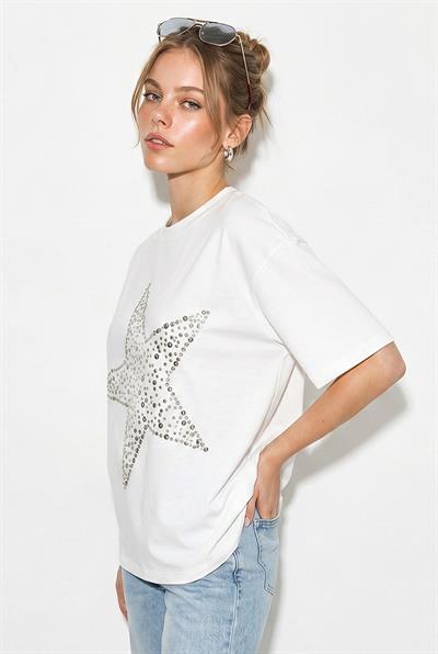 Kadın Taş İşlemeli Yıldız Detaylı %100 Pamuk Oversize T-Shirt ÖT100003 60286297 - Beyaz