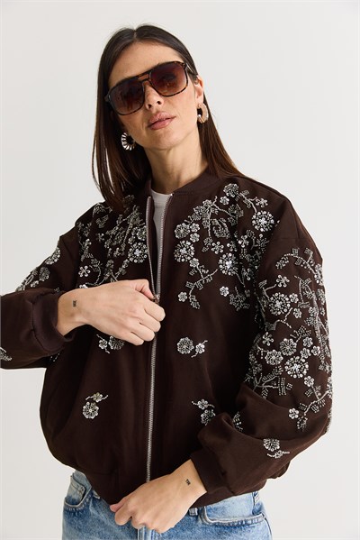 Kadın Taş ve Boncuk İşlemeli Oversize Fermuarlı Bomber Ceket 2950 60286566 - Acı Kahve
