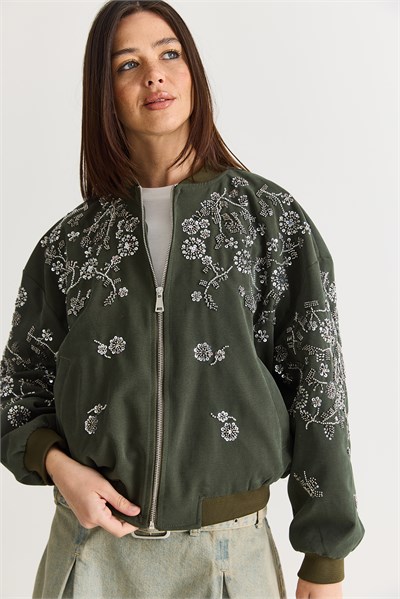 Kadın Taş ve Boncuk İşlemeli Oversize Fermuarlı Bomber Ceket 2950 60286566 - Haki