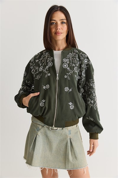 Kadın Taş ve Boncuk İşlemeli Oversize Fermuarlı Bomber Ceket 2950 60286566 - Haki