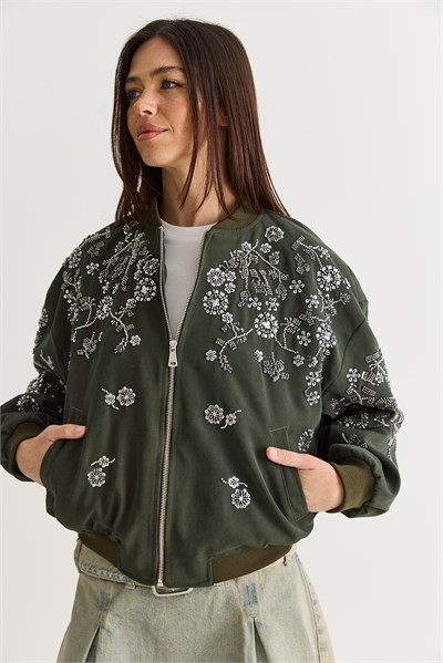 Kadın Taş ve Boncuk İşlemeli Oversize Fermuarlı Bomber Ceket 2950 60286566 - Haki